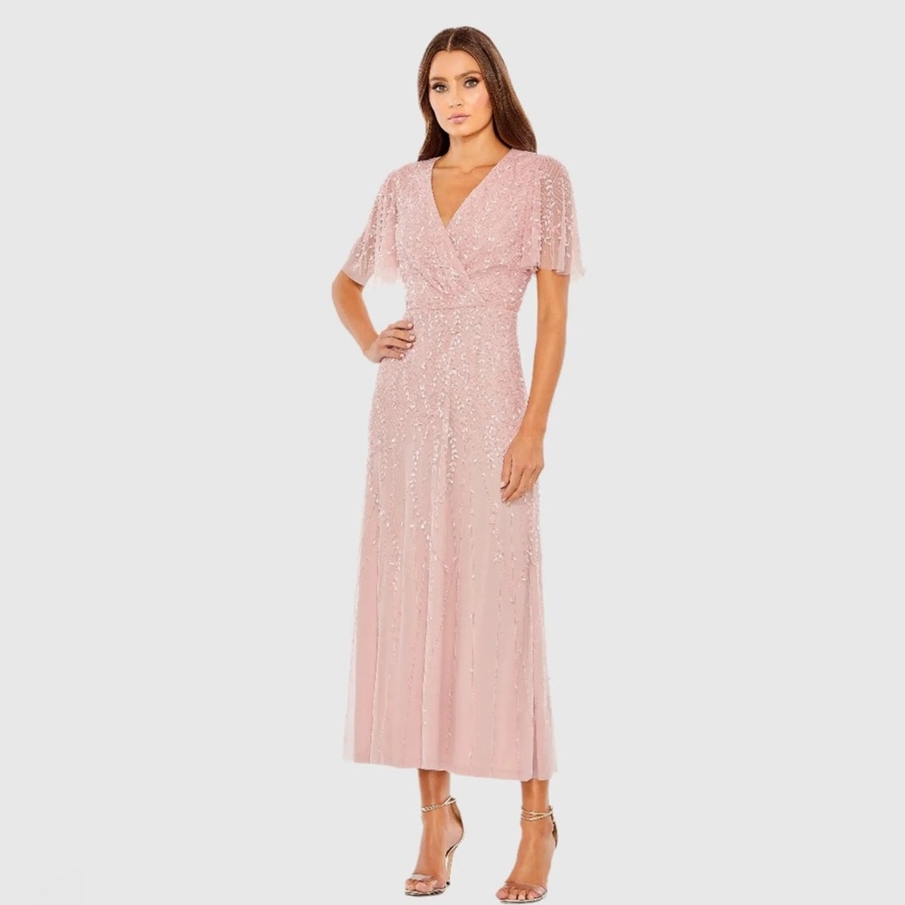 NWT Mac Duggal Pink Beaded Wrap Over Butterfly Sleeve Dress Size 4